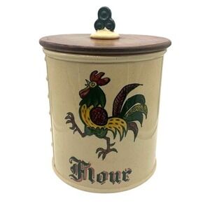 Vintage Metlox Poppytrail Red Rooster Flour Canister Wood Lid California